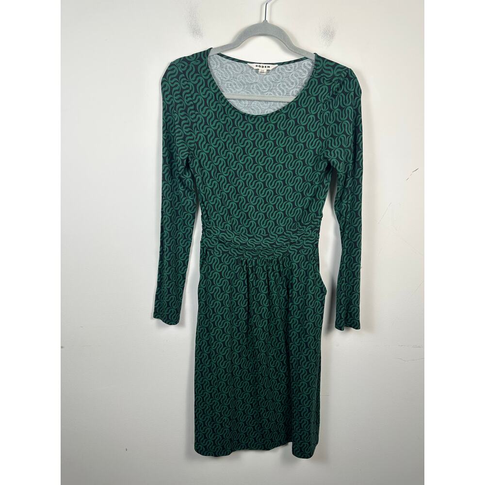 Boden Abigail Jersey Knit Dress Geometric Print Green Blue Pockets Size 4R EUC